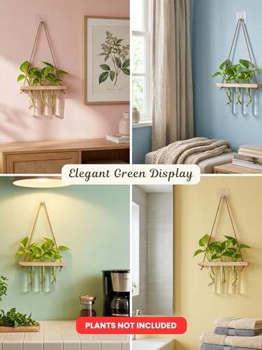 Image of Hanging Planter Set of 2 with Wooden Holder & Rope | 6 Test Tube Hanging Plant Indoor Stand | Wooden Planter for Home Decor, Living Room, Balcony & Office Decoration