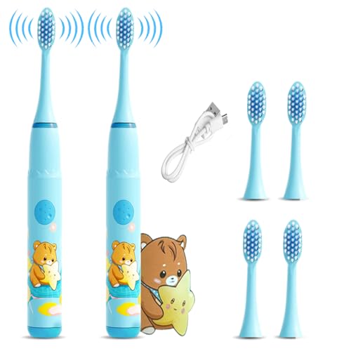 Image of Obvie Sonic Electric Kids Toothbrush with 4 Brushing Modes, Soft Nylon Bristles, 3 Brush Heads & Rechargeable Battery Last Up to 30 Days, IPX7, Electric Power Tooth brush (Pack of 2)