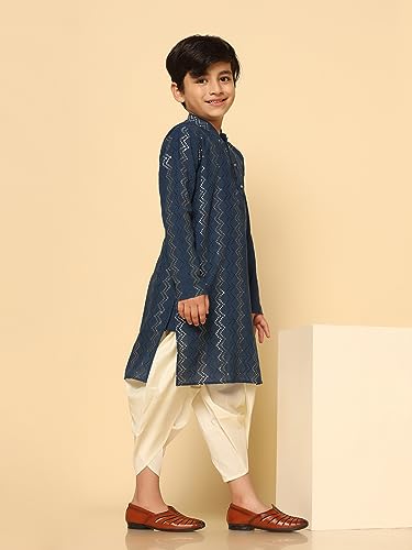 Image of KISAH Boy's Navy Blue Embroidered Cotton Kurta with Mirror Work - Full Sleeves, Knee Length, Regular Fit | Traditional Indian Festive Wear