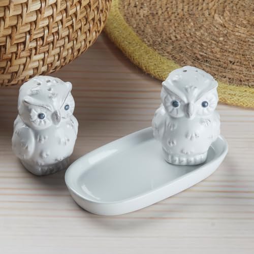Image of Kookee Ceramic Owl Salt and Pepper Shaker Set with Tray (10283)