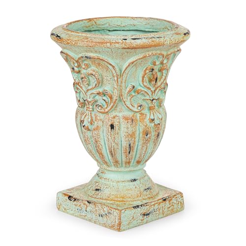 Sungmor Vintage Resin Trophy Planter, 13 Inch Embossed Design Garden Urn with Drainage Hole, Decorative Plant Pot Indoor Outdoor Plant Container, Shabby Chic Flower Vase Home Decor