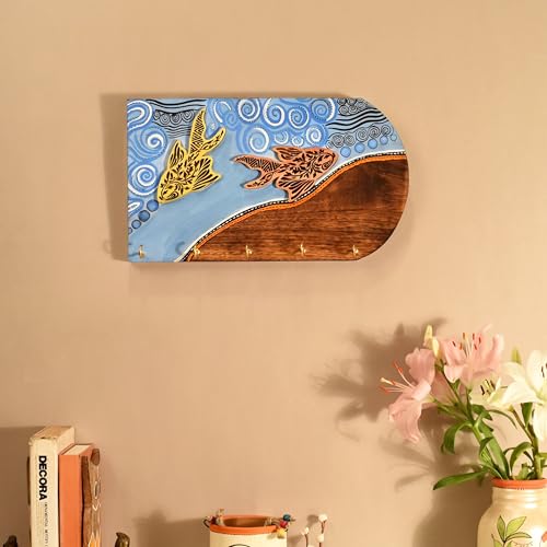 Image of AAKRITI ART CREATIONS Key Holder, Delphy Key Hanger with Fish Motif and Beautiful Artwork | Rustic Wooden Wall Organizer with 5 Hooks | Storage Shelf for Keys, Hats | Multifunctional Entryway Decor