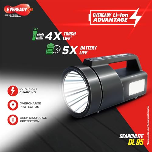 Image of EVEREADY SEARCHLITE DL95, Rechargeable 4W Torch Cum 4W Emergency Sidelight, Type-C USB Fast Charging, Glow-in-THE-Dark Strip, Overcharge & Deep Discharge Protection | Fluorescent