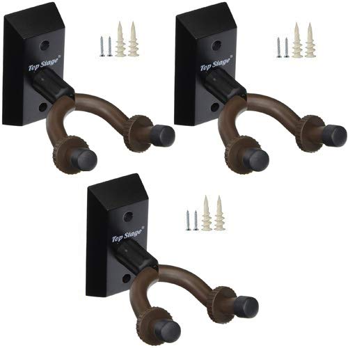 Top Stage 3-Pack Guitar Wall Mount, Wooden Guitar Wall Hanger, Guitar Hook, Guitar Accessories for Acoustic Electric Bass Guitar Ukulele Banjo Mandolin, with Secure Rings (Black)