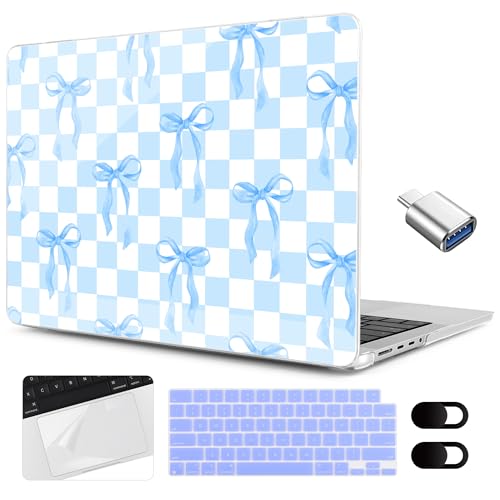Image of MEEgoodo Case for M5 MacBook Pro 16 inch Case 2026 2024 2023 2021 with M5 M4 M3 M2 M1 Pro /Max Chip, Fit Model A3429 /A3428 /A3403 /A3186 /A2991 /A2780 /A2485, Blue&White Checkers&Bows