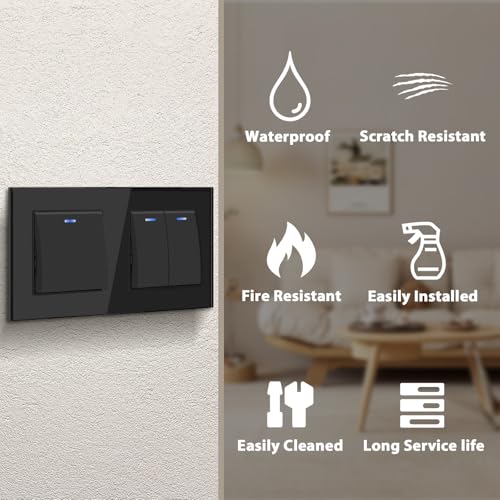 BSEED Lichtschalter Unterputz mit Steckklemme, Lichtschalter Glas 1 Fach 1 Weg+2 Fach 1 Weg, Taster Schalter Unterputz mit LED Kontrollleuchte, Wandschalter f&uuml;r Wohnzimmer, B&uuml;ro, K&uuml;che-Schwarz