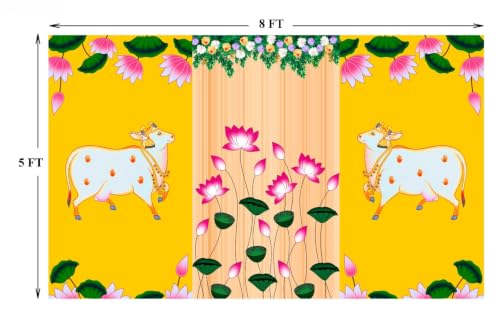 Image of Cow backdrops for Pooja Decoration | Lotus Cow poojas pichwai Backdrop Traditional | Lakshmi Backdrop Cloth for Decoration Pooja | Lakshmi puja Backdrop 5x8 feet