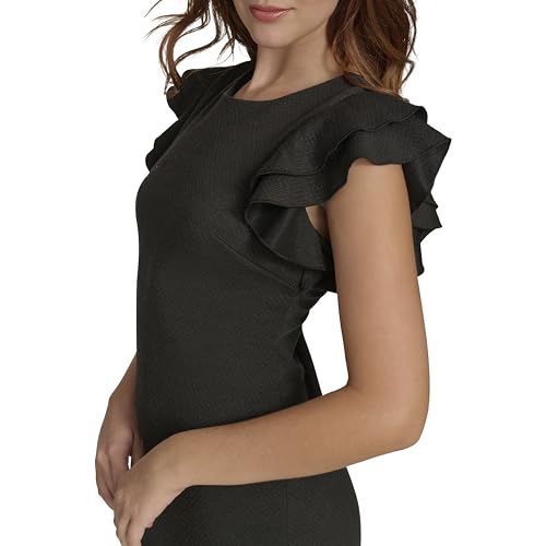 Image of Tommy Hilfiger Women's Sleeveless Ruffle Hem Jewel Neck Crepe Sheath Mini Dress
