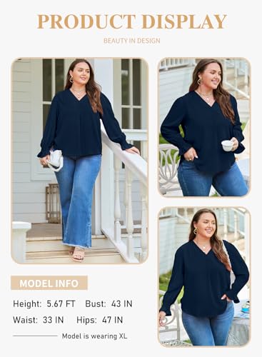 Eytino Plus Size Tops for Women Sexy V Neck Smocked Long Sleeve Blouse Loose Casual Work Shirts(1X-5X)4