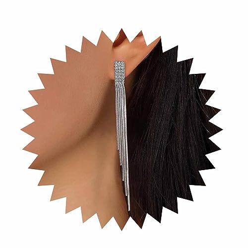 Sttiafay Vintage Rhinestone Dangle Earrings Silver Sleek Chain Drop Earrings Crystal Long Chain Tassel Earrings Sleek Metal Chain Earrings Jewelry for Women
