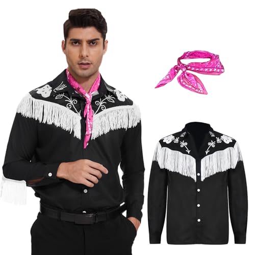 AJGEGJE Disfraz de vaquero para hombre con bufanda y sombrero, camisa de vaquero, carnaval, Halloween, cosplay, disfraz para hombre (2XL), Negro AJGEGJE Disfraz de vaquero para hombre con bufanda y sombrero, camisa de vaquero, carnaval, Halloween, cosplay, disfraz para hombre (2XL), Negro