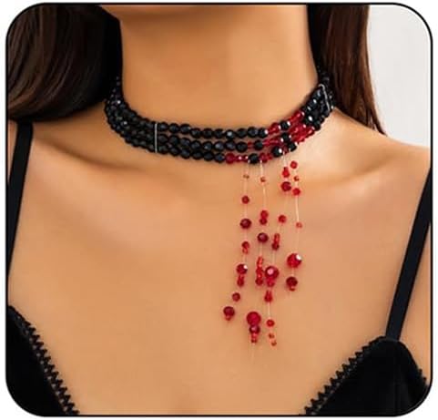 Gothic Blood Drop Fringe Necklace,Vintage Crystal Blooddrip Choker Punk Style Multi-layered Pearl Beaded Necklaces Goth Vampire Clavicle Halloween Jewelry Decorations