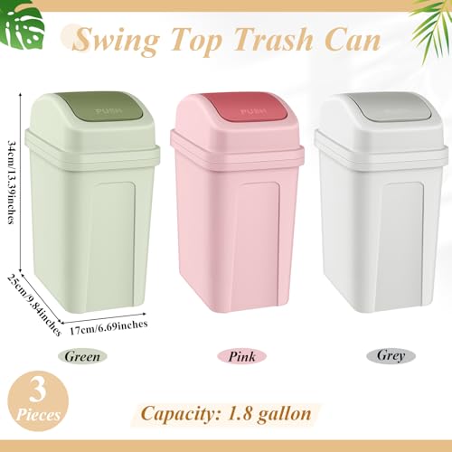 Image of Sumind 3 Pcs 1.8 Gallon Bathroom Trash Can with Swing Lid Small Garbage Can Plastic Bathroom Trashcan Garbage Bin for Kitchen Waste Bedroom Room Outdoor (Green,Pink,Beige)