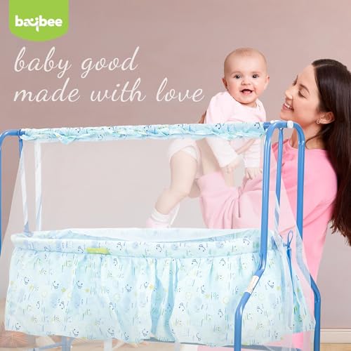 Image of BAYBEE Clora Baby Cradle and Swing with Mosquito Net (Enchant Lite Blue) | Jhula Palna for Newborns | 360 Rotating Lockable Wheels & Storage Basket