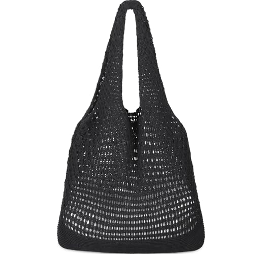 WantGor Crochet Bags, Beach Mesh Tote Bag Womens Shoulder Shopping Handbag Casual Travel Totes Bag Foldable Hobo Bags (Dark Black)