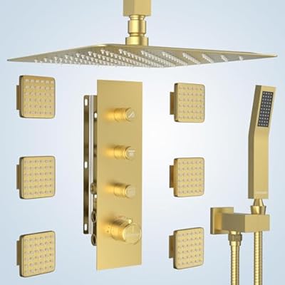 Bostingner Shower System with Body Jets, 12" Thermostatic Rainfall Shower System with 6 Body Spray Jets (Can All Run Together) Full Body Spray Shower Jets System, Shower Valve Included, Brushed Gold