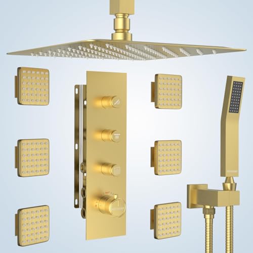 Image of Shower System with Body Jets, 12 Inch Rain Shower System, All Metal Body Spray Shower Jets System, Include Shower Valve Gold 16 inch+ 6 Jets Button