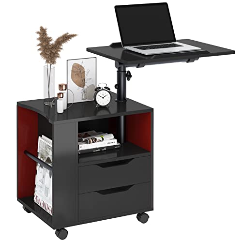 SogesHome Table de Chevet pour Chambre à Coucher Table de Nuit Commande avec Tiroir Armoire de Rangement avec Plateau Pivotante, roulettes Universelles...
