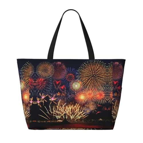 Fireworks Extra Large Tote Bag For Women,Foldable Beach Bag With Pocket Weekender Travel Overnight Bag2