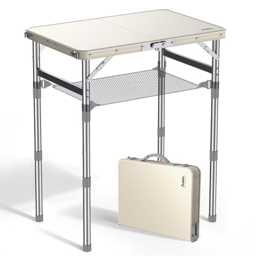 Anbte 2ft Small Plastic Folding Table, Waterproof 3 Adjustable Height Portable Camping Table with Storage Net, Flat Tabletop, for Picnic Indoor Outdoor Travel Beach Patio, 22.8" X 15.7", Grey + Silver by Anbte - Used condition - CA$41.03