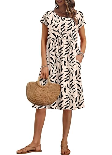 AUSELILY Vestido Verano Manga Corta hasta la Rodilla para Mujer Vestidos Holgado con Cuello Redondo y Bolsillos