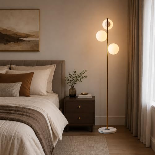 Image of BOKT Modern 3-Lights Globe LED Floor Lamp Mid Century Brushed Gold Tall Standing Light Frosted White Glass Sphere Standing Lamp Traditional Anti Brass Corner Freestanding Lamp
