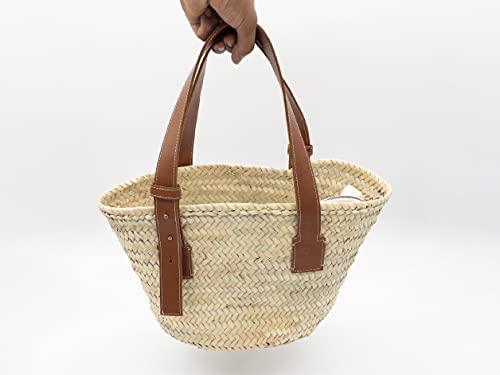 Bolso cesta de paja con asas de cuero estilo francés miniatura 4