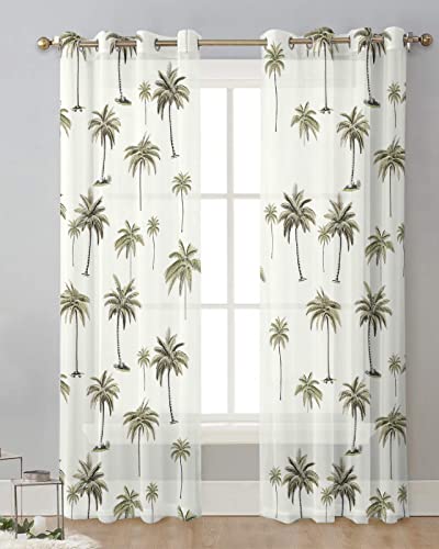 Chiffon Sheer Curtains 84 Inches Long 2 Panels Summer Tropical Green Palm Trees Light Filtering Curtains Grommet Top Semi Sheer Window Curtains for Living Room Bedroom Yard