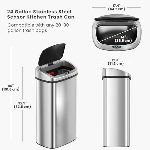 Image of iTouchless 24 Gallon Large Sensor Trash Can with AC Adapter | Odor Filter | 91L Commercial Stainless Steel Automatic Kitchen Bin for Home, Office, Restaurant, Store, Lobby, Restroom, Kitchen, Business