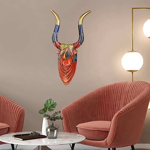 Image of THE COCOTIER Nandi-Inspired Beauty: Multicolor Hand-Painted Cow Head Crafted in 3D Embossing, Reddish Orange Base Cow Head, Animal Head Wall Hanging.