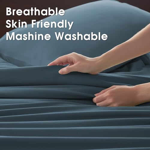 Image of Cal King 4 Piece Sheet Set - Comfy Breathable & Cooling Bed Sheets Set, Soft and Wrinkle Free, Deep Pockets, Easy & Secure Fit, Hotel Luxury Bedding - Oeko-Tex - Denim Blue