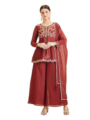 Image of MOKOSH Women's Silk Embroidered Peplum Kurta Sharara with Dupatta | Kurta Set | Ethnic Wear |Round Neck Full Sleeve Kurta | 3 Piece Outfit |Embroidered