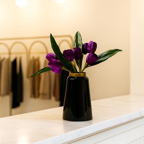 Image of Market99 Metal Flower Holder | Vase, Plant Pot, Black Cylindrical Vase with Gold Ring Design & Glossy Texture | Home Decor Accent for Living Room, Office, Table Centerpiece & Gifting