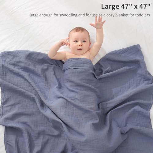 Image of POMISO Muslin Swaddle Blankets for Boys & Girls, Newborn Receiving Blankets, 4 Pack Soft Breathable Baby Swaddles, Large 47x47 Inches, Grey Blue White Green