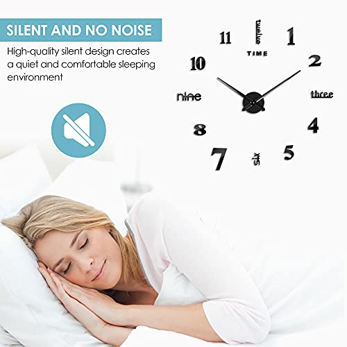 3 In 1 Ferrisa Large 3D Frameless Wall Clock 47 Inch, Modern Silent Diy Wall Clock For Living Room Bedroom Office Decor, One Black Movement + 2 Digital Plates Included（Black +Silver） #TOP1