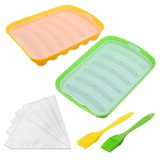 Kare & Kind 2 Silikonkorvformar, Non-Stick flexibel korvtillverkningsmaskin, 6 kavitetsbehållare, bakning av hemlagad korv, Innehåller 2 minisilikonborstar och 20 bakverk