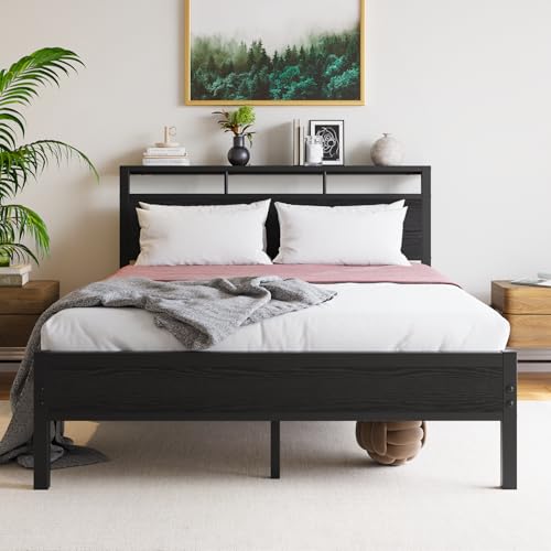 VECOCHO Double Bed Frame with Wooden Storage Headboard, Heavy Duty Metal Platform Bed Frame Double Bed No Box Spring Needed,Mattress Base,Underbed Storage Space,Noise Free,Black Bed 135×190 cm