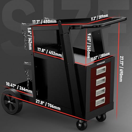 Image of YESWELDER Welding Cart with 4 Drawers for MIG Welder TIG Welder and Plasma Cutter, Black&Red Version Heavy Duty Large Storage 360 Rolling Welding Trolley