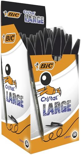 BIC Cristal Large Ballpoint Pens, Every-Day Biro Pens with Wide Point (1.6 mm), Ideal for School, Black Ink, Pack of 50