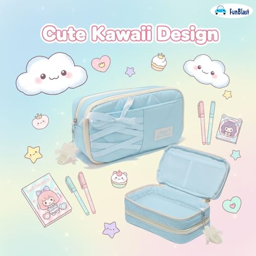 Image of FunBlast Pencil Pouch for Girls - Aesthetic Multi-Compartment Zipper Pouch with Drawstring Pocket, Cute Kawaii Pencil Case, Stylish Stationery Pouch, Return Gift for Kids & School Use (Blueb)