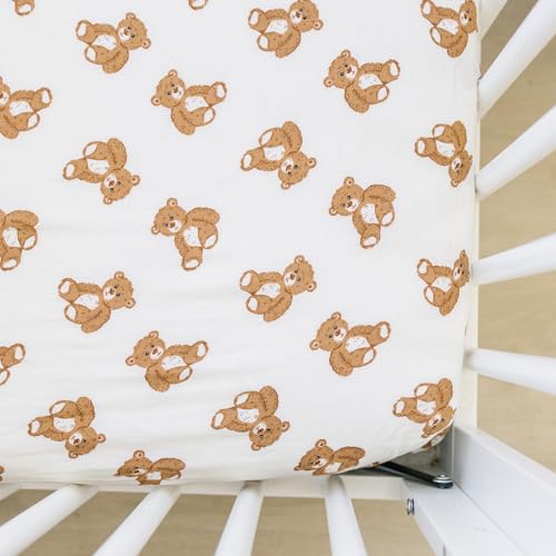 Image of Mebie Baby Teddy Bear Muslin Crib Sheet, Soft and Breathable Fitted Sheet for Babies, 100% Muslin Cotton, 52 inch x 28 inch Standard Crib Mattress, Modern Neutral Bedding for Boy or Girl Room