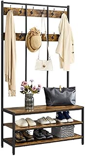 Yaheetech Large Coat Rack Stand, Hall Tree with 24 Hooks and Shoe Bench, 3-in-1 Design,Free Standing Clothes Hat Rack with Metal Frame for Hallway Entryway Living Room, Rustic Brown and Black