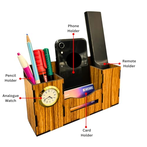 Image of Zesta Wooden Desk Organizer Pen Stand Remote Holder Card Slot | Table Accessory Office Desk Study Room | Pencil Storage Stand Stylish Workspace Decor (Organiser Clock)