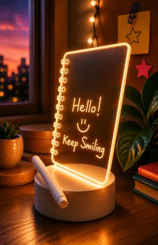 Image of Light-Up Acrylic LED Writing Message Board | Rewritable Spiral Notebook Design, Memo Pad Lamp, Desk Light, For Notes, Reminders, Quotes & Home Decor