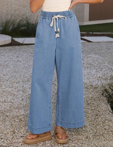 Springrain Wide Leg Jeans for Women High Waisted Elastic Drawstring Baggy Denim Pants with Pockets2