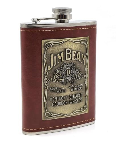 Image of JBPM Stainless Steel Hip Flask with Funnel 8 Oz (236 ml) I Stitched PU Leather Cladding with Metal Plate Design Whiskey Flask I Unisex Alcoholic Drinks Holder Pocket Bottle (JBP Maroon+Funnel)