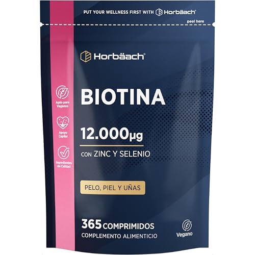 Biotina con Selenio y Zinc Complex para el Cabello 12.000 mcg | 4 Meses de Suministro - 365 Comprimidos Veganos | Complejo de Vitaminas para el Cabello, Piel y Uñas | Biotin Complex | Horbaach