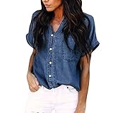 Aniywn Women's Button Down Denim Tops Shirt Summer Short Sleeve Pocket Splicing Jean Blouse Shirt