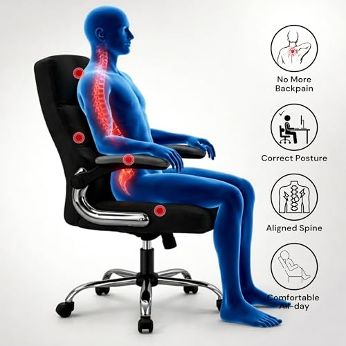 Image of LAKDI Furniture Co Premium Velvet Fabric High Back Office Chair with Adjustable Tilt, Flip-Up Arms, Ergonomic Thick Soft Padding | Executive Boss Chair, Black | 5 Years Warranty & Free Assembly