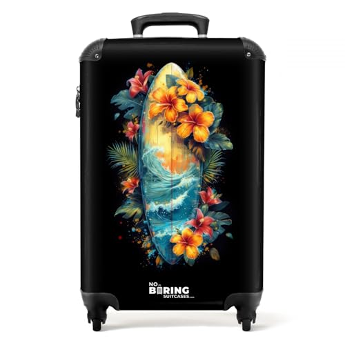 NoBoringSuitcases.com Valise Cabine 55x35x25cm - Bagages Rigides, Pas Cher, Voyage, Suitcase à Roulettes (Planche de Surf - Fleurs)